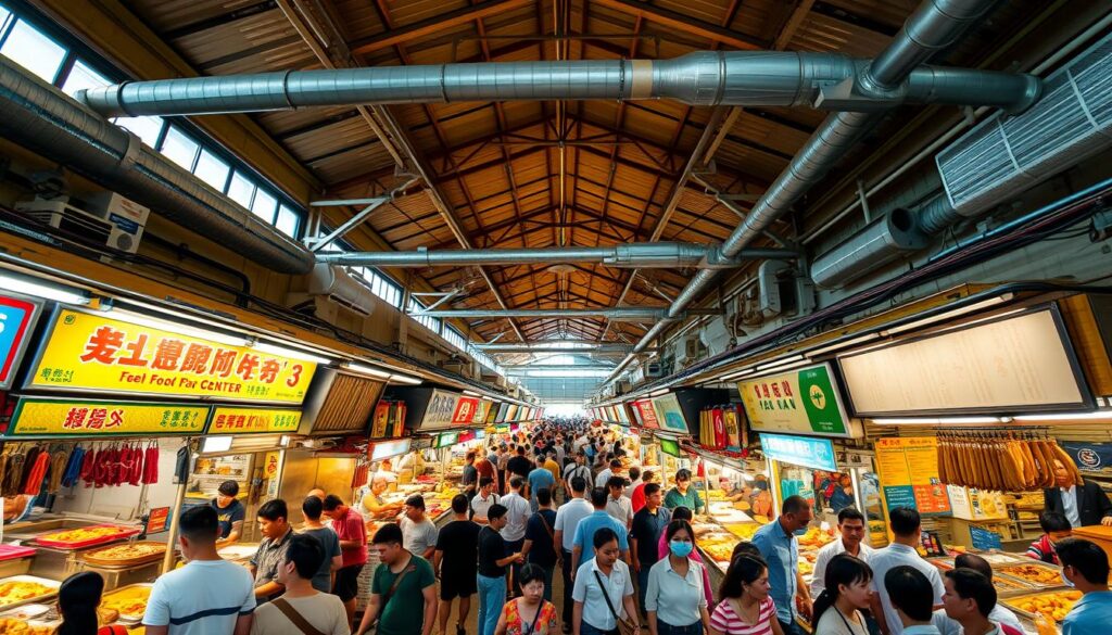 a bustling, vibrant indoor food court with a lively atmosphere, captured from a wide angle perspective to showcase the full scale and energy of the Tekka Food Centre in Singapore. The foreground features an array of colorful stalls and vendors selling a diverse selection of local Singaporean dishes, from steaming plates of laksa to sizzling satay skewers. The middle ground showcases the busy crowds of shoppers and diners navigating the crowded aisles, creating a sense of liveliness and community. In the background, the high-ceilinged, industrial-style architecture with its exposed beams and ventilation systems adds to the authentic, unpretentious ambiance of the food court. Warm, natural lighting filters in, creating a welcoming and inviting atmosphere that draws the viewer in.