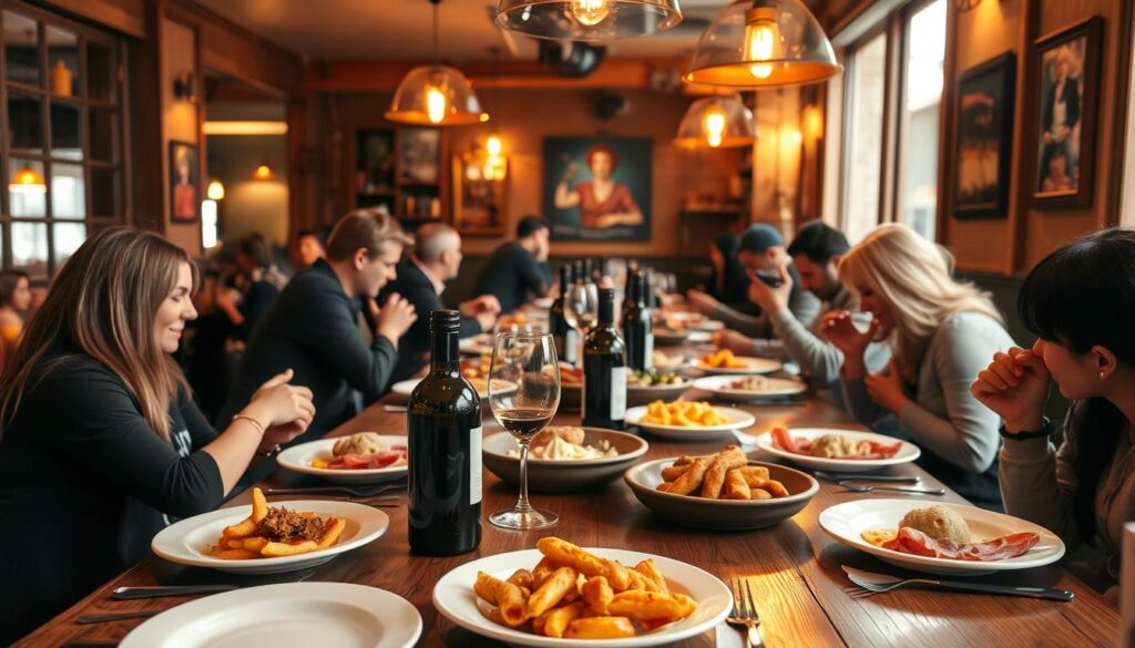 a cozy restaurant interior with a long wooden table set for tapas dining, featuring small plates of traditional Spanish appetizers like patatas bravas, croquetas, and jamón serrano arranged beautifully on the table, with bottles of red wine and craft beer, warm lighting from hanging pendant lamps casting a golden glow, patrons seated around the table enjoying the meal and conversation, the atmosphere intimate and convivial