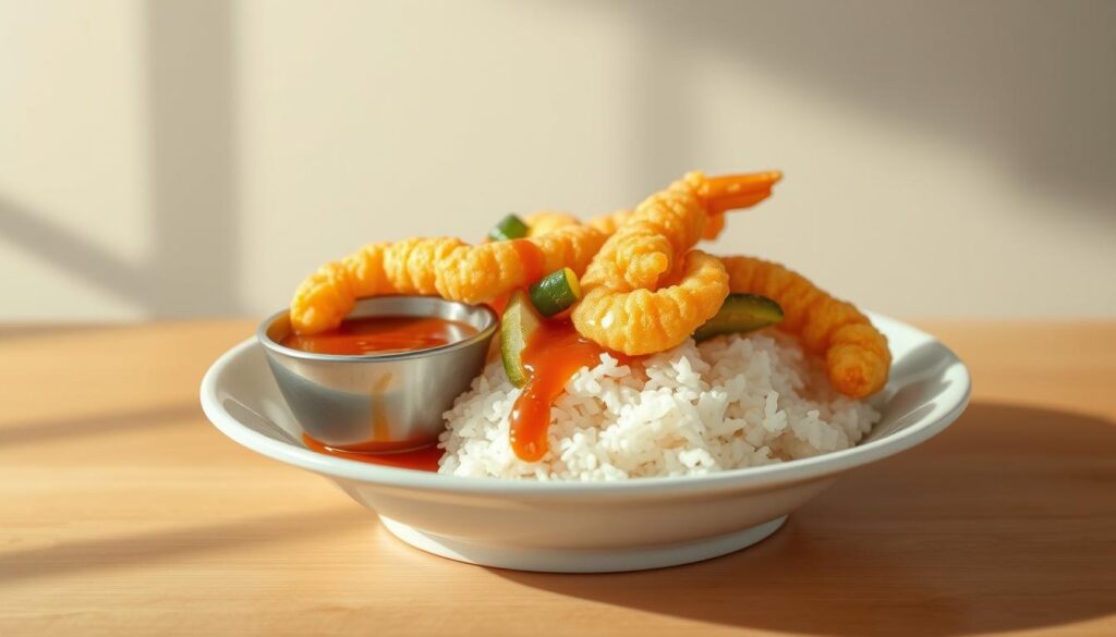 a high-quality digital illustration of a plate of affordable tempura tendon, featuring a perfectly crisp and golden-brown tempura-fried prawns and vegetables, served atop a bed of steaming hot Japanese short-grain rice. The tempura is drizzled with a savory tempura dipping sauce, and the dish is presented on a simple, minimalist white ceramic plate against a softly blurred background, capturing the humble yet delectable essence of an affordable tempura tendon meal. The lighting is warm and natural, creating an inviting and appetizing atmosphere. Shot with a DSLR camera at a slightly elevated angle to showcase the dish in an elegant, appetizing manner.