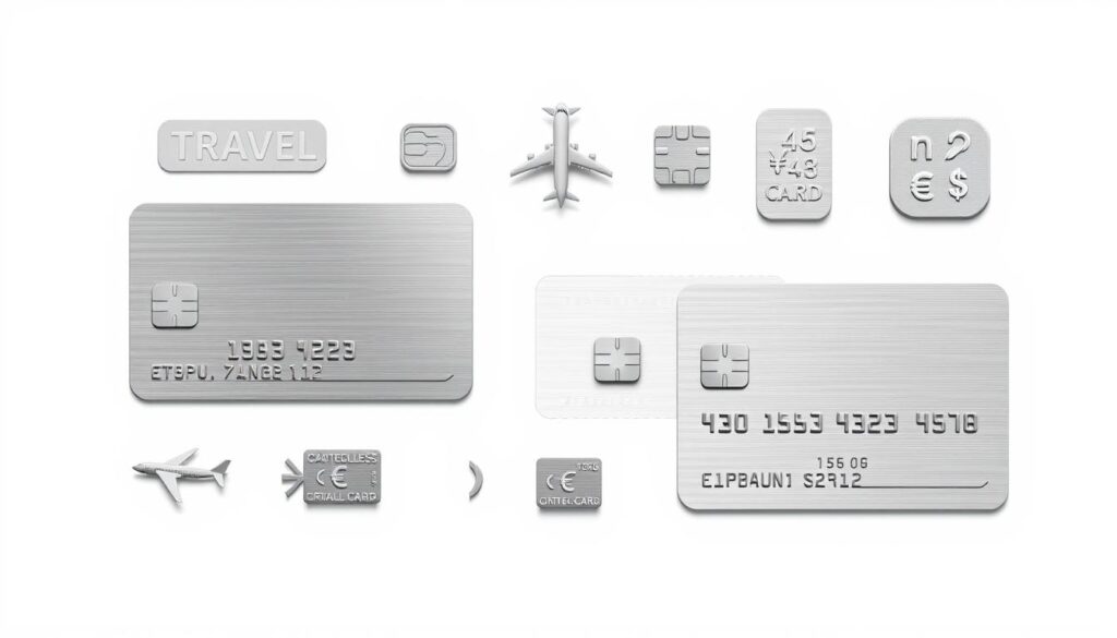 a high-quality realistic illustration of various travel credit card features including metal card design, contactless payment icon, chip, magnetic strip, embossed card numbers, and travel-related icons such as an airplane, hotel, and currency symbols, rendered in a clean, minimalist style with soft lighting and a focus on the details of the cards, set against a plain white background to emphasize the card elements