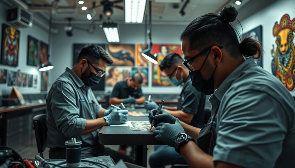 a highly detailed, photorealistic image of a group of tattoo artists at work in their studio in Singapore, featuring a well-lit, spacious room with modern equipment and décor. The artists, dressed in clean, professional attire, are intently focused on their craft, applying intricate tattoo designs with precision and skill. The studio walls are adorned with vibrant artwork, showcasing the artists' diverse styles and talents. The overall scene conveys a sense of artistic passion, technical expertise, and a dynamic, creative atmosphere that encapsulates the essence of the top tattoo artists in Singapore.