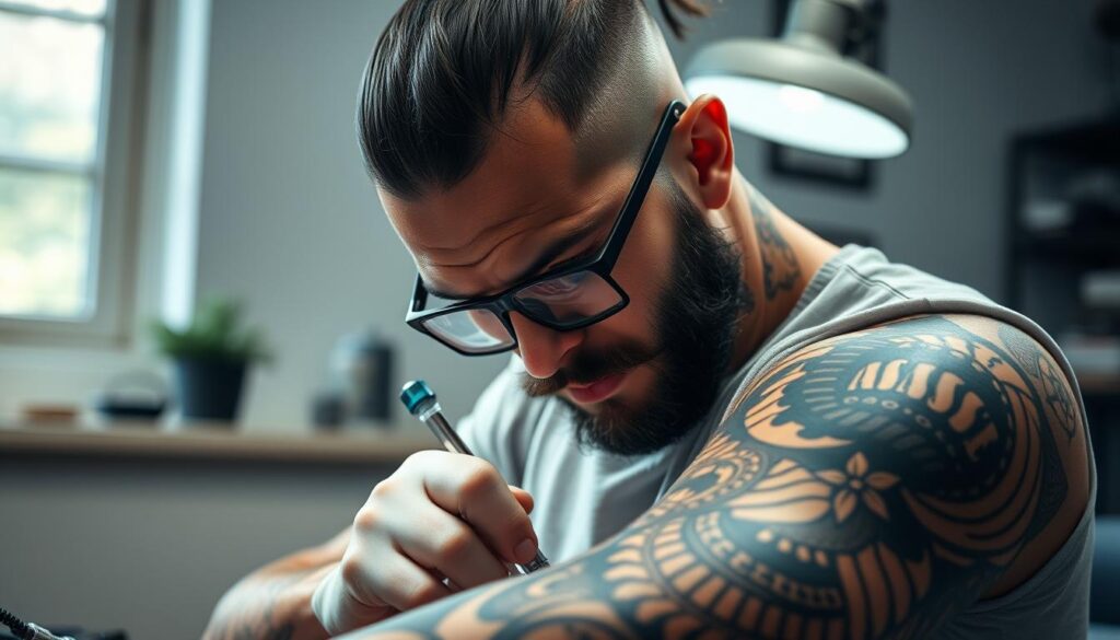 a highly skilled tattoo artist working in a professional tattoo studio, with a focus on fine line intricate designs and bold color work, captured in a detailed close-up portrait shot with natural lighting from a soft window, revealing the intense concentration and mastery of their craft, set against a clean, minimalist background that highlights the artist's technical precision and artistry