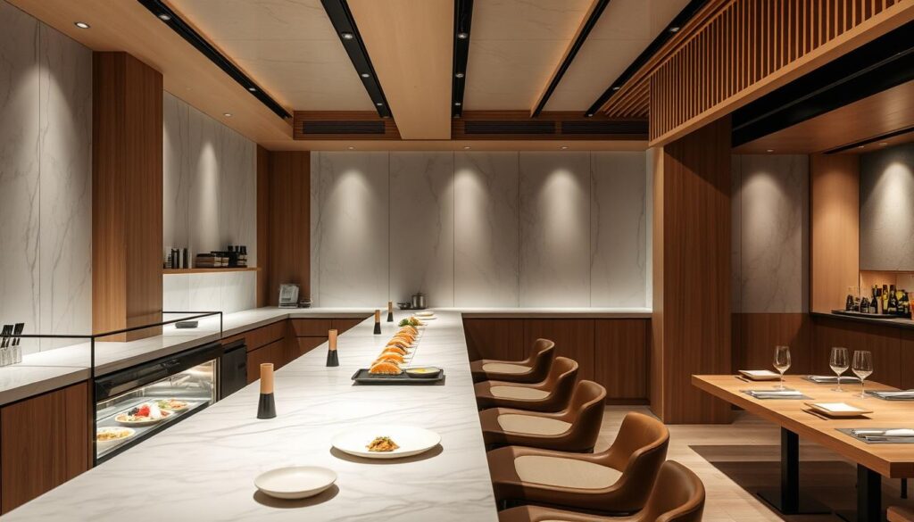 a minimalist and elegant sushi bar with a focus on affordable omakase, featuring a clean and modern interior with natural wood accents, soft lighting, and a discrete sashimi display case showcasing the freshest seasonal fish, all plated and presented with precision and care, creating an atmosphere of understated luxury and culinary excellence