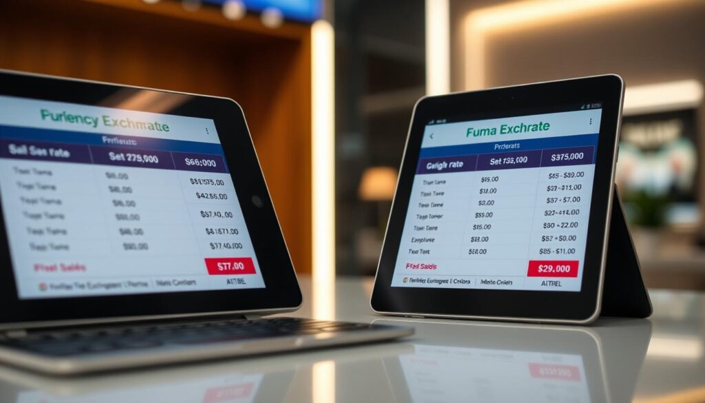 a professional, detailed, and well-composed comparison of currency exchange rates displayed on the screens of modern devices, with a clean and minimal design aesthetic, captured in a high-quality studio photograph with soft, even lighting, a shallow depth of field, and a focus on the display details to emphasize the comparison information. The image should convey a sense of trust, reliability, and helpful information for individuals seeking the best money exchange services in Singapore.