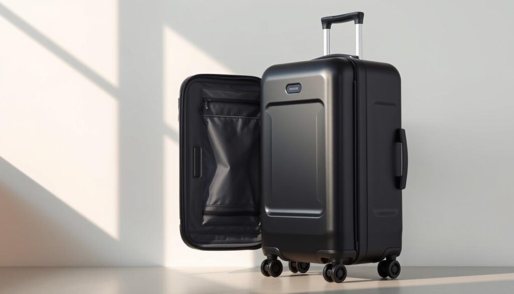a sleek and modern carry-on suitcase with a hard-shell exterior, made of high-quality polycarbonate material in a matte black color. The suitcase features a minimalist and sophisticated design, with clean lines and a sturdy, reinforced frame. The front panel has a recessed, integrated TSA-approved lock for added security. The suitcase is equipped with smooth-rolling, 360-degree spinner wheels for effortless mobility, and a retractable, ergonomic handle for comfortable maneuvering. The interior is thoughtfully designed with multiple compartments and organizational pockets, providing ample space for efficient packing. The carry-on is illuminated by warm, natural lighting, casting subtle shadows that accentuate its refined aesthetic, set against a clean, white background. a sleek and modern carry-on suitcase with a hard-shell exterior, made of high-quality polycarbonate material in a matte black color. The suitcase features a minimalist and sophisticated design, with clean lines and a sturdy, reinforced frame. The front panel has a recessed, integrated TSA-approved lock for added security. The suitcase is equipped with smooth-rolling, 360-degree spinner wheels for effortless mobility, and a retractable, ergonomic handle for comfortable maneuvering. The interior is thoughtfully designed with multiple compartments and organizational pockets, providing ample space for efficient packing. The carry-on is illuminated by warm, natural lighting, casting subtle shadows that accentuate its refined aesthetic, set against a clean, white background.