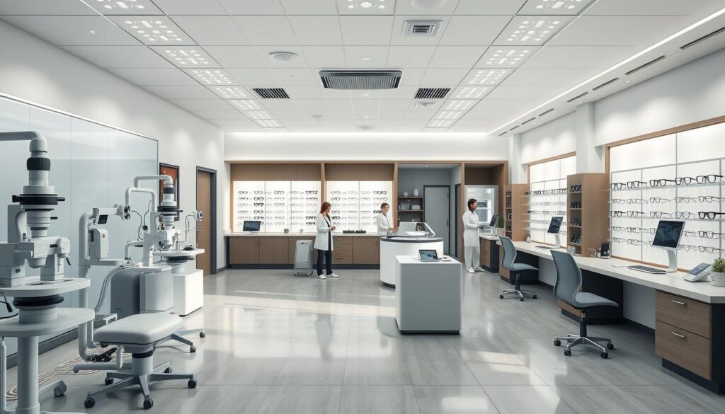 high quality 3D rendering of a modern eye care clinic interior, well-lit with natural and artificial lighting, showing various eye examination equipment like slit lamps, ophthalmology chairs, and optical dispensary displays in the foreground, with doctors and nurses assisting patients in the middle ground, and a calming, professional atmosphere with muted colors, clean lines, and minimalist decor in the background, creating an impression of comprehensive, state-of-the-art eye care services