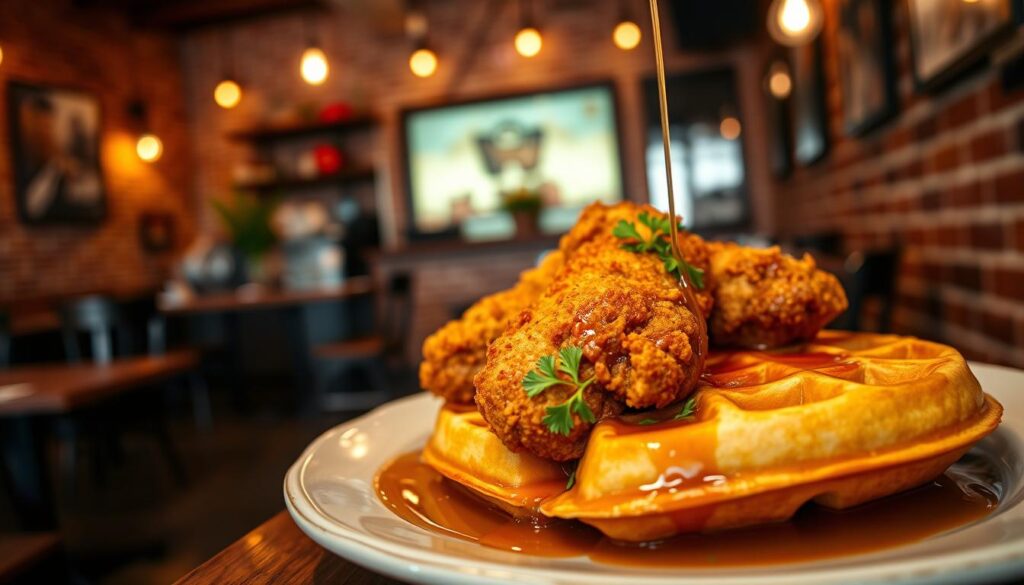 A Harlem-style chicken and waffles dish set against a cozy, brick-walled cafe interior. The golden-brown chicken is crispy on the outside and juicy inside, served alongside fluffy, golden-brown waffles drizzled with maple syrup. The plate is garnished with fresh herbs, adding a pop of green. Warm, soft lighting illuminates the scene, creating a welcoming, inviting atmosphere. The angle is slightly elevated, capturing the full composition of the meal and the cafe's charming ambiance. The overall mood is one of comforting indulgence and neighborhood warmth.