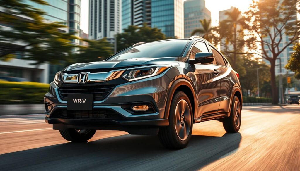 A Honda WR-V compact SUV navigating the bustling streets of a vibrant city. The vehicle is shown in a low-angle perspective, with its sleek, dynamic silhouette commanding the frame. The WR-V's distinctive front grille, bold alloy wheels, and sculpted bodylines are accentuated by warm, golden-hour lighting that casts dramatic shadows. In the background, a blur of modern high-rises and lush greenery suggests an urban, cosmopolitan setting. The overall atmosphere conveys the WR-V's perfect balance of compact dimensions and city-friendly maneuverability, making it an ideal choice for navigating the dynamic landscape of Singapore.