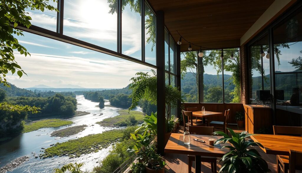 A Starbucks café nestled amidst a lush, verdant riverscape, with expansive floor-to-ceiling windows offering a breathtaking panoramic view. Sunlight filters through the glass, casting a warm, natural glow on the rustic wooden furnishings and greenery-adorned interior. In the foreground, a tranquil river flows gently, its surface reflecting the surrounding foliage and wildlife. Distant banks are dotted with vibrant flora, while wispy clouds drift overhead in a serene, azure sky. The atmosphere is one of peaceful harmony, inviting patrons to immerse themselves in the calming presence of nature while sipping their favorite Starbucks beverages.