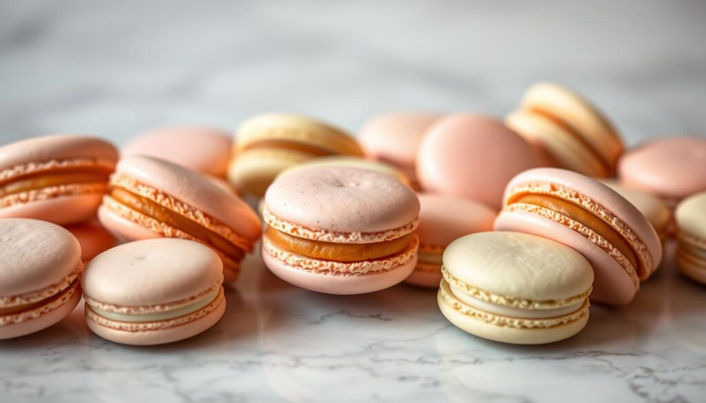 A beautiful assortment of delicate Japanese-French macarons from Annabella Patisserie, expertly arranged on a marble counter. The macarons are presented in a variety of pastel colors, each one a perfect, domed shell with a smooth, glossy finish. The filling inside is visible, tempting the viewer with its creamy, flavorful texture. Warm, diffused lighting casts a soft glow over the scene, highlighting the intricate details of the macarons. The overall composition is visually striking, showcasing the artistry and craftsmanship of the patisserie. The scene evokes a sense of elegance, indulgence and the fusion of Eastern and Western culinary traditions.