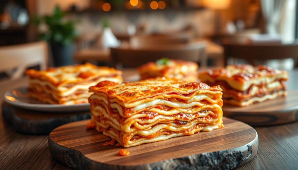 A beautifully arranged spread of three different-sized lasagna portions, meticulously plated on rustic wooden trays. The foreground showcases a generous square-shaped slice, its layers of pasta, cheese, and rich tomato sauce glistening under warm, soft lighting. In the middle ground, a smaller, triangular portion sits alongside a classic rectangular serving, each showcasing the dish's signature layers and golden-brown crust. The background features a subtly blurred scene of a cozy, inviting dining space, hinting at the perfect setting to savor these perfectly portioned delights. The overall composition exudes an atmosphere of culinary excellence, inviting the viewer to indulge in the ultimate lasagna experience.