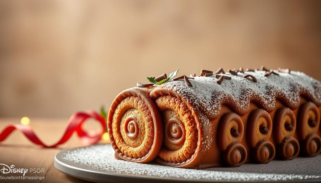 A beautifully crafted Disney-inspired hazelnut log cake, meticulously detailed with intricate piping, delicate chocolate shavings, and a dusting of powdered sugar. The cake stands in the foreground, bathed in soft, warm lighting that accentuates its rich, golden-brown exterior. In the middle ground, a sprig of holly and a single crimson ribbon add a touch of festive charm, while the background fades into a subtle, ethereal blur, leaving the cake as the undisputed star of the scene. The overall atmosphere evokes a sense of whimsical elegance, perfectly capturing the essence of a Christmas dessert fit for a Disney princess.