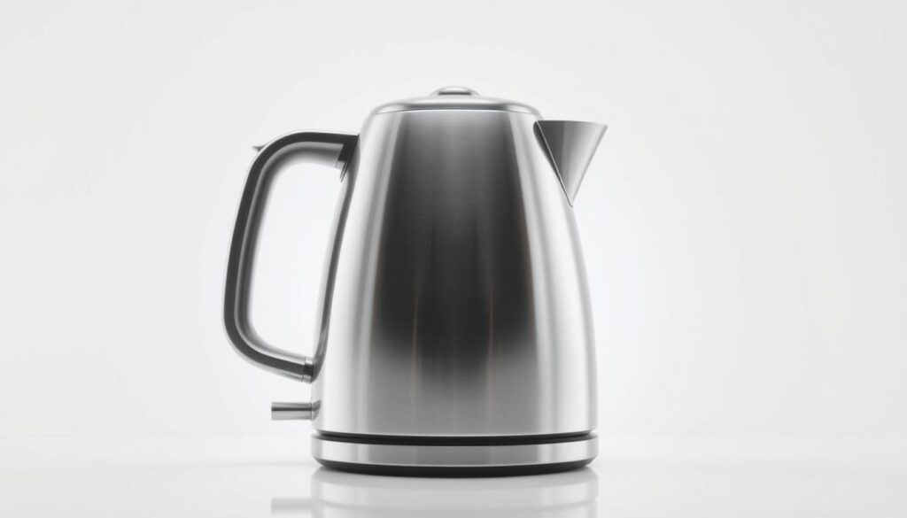 A beautifully crafted electric kettle with a classic silhouette, the Buydeem K640 takes center stage against a minimalist white backdrop. Backlit by soft, even lighting, its polished stainless steel body gleams, reflecting the clean, modern lines of its design. The kettle's ergonomic handle and spout are prominently featured, showcasing the thoughtful engineering that ensures smooth, controlled pouring. In the foreground, the kettle's transparent glass lid allows a glimpse of the pure, gently bubbling water within, while the brushed metal accents lend a touch of refined elegance. This image captures the Buydeem K640's timeless appeal, highlighting the exceptional quality and functionality that make it a standout choice for the discerning kitchen.