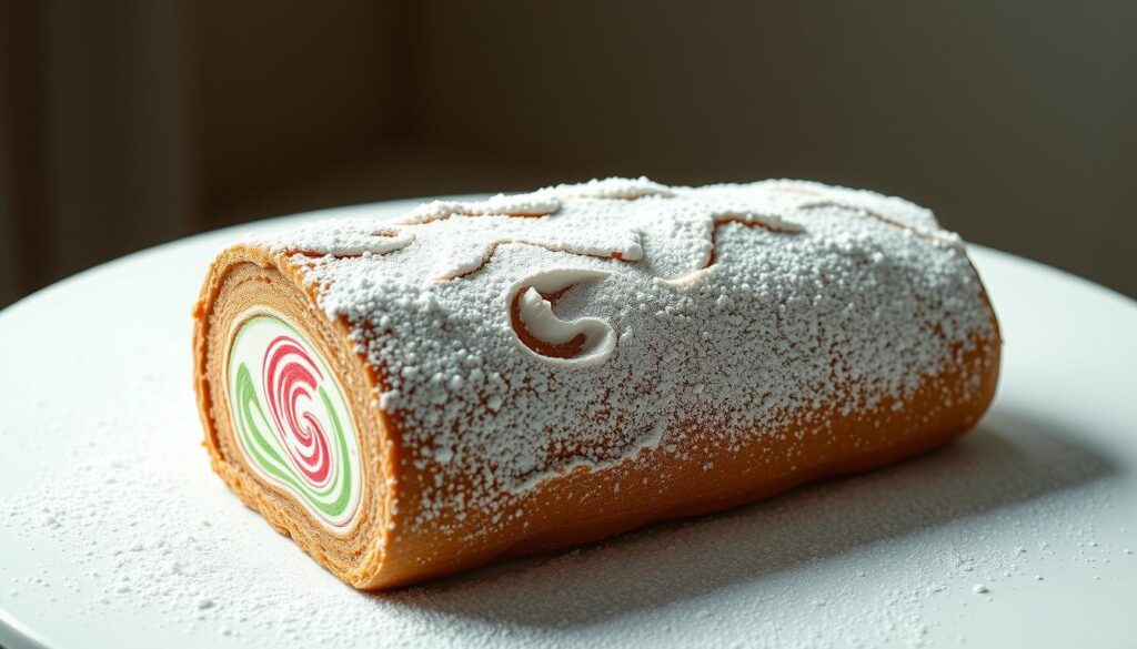 A beautifully crafted ice cream log cake, its surface adorned with a delicate dusting of powdered sugar, creating a captivating winter wonderland effect. The cake's center is a vibrant, creamy confection, swirled with festive red and green accents, evoking the spirit of the holiday season. Soft, diffused lighting casts a warm, inviting glow, highlighting the cake's intricate textures and glossy finish. The composition is framed by a minimalist, elegant backdrop, allowing the ice cream cake to take center stage as the star of the scene. Captured from a slightly elevated angle, this image showcases the dessert's impressive height and the intricate details that make it a mouthwatering centerpiece for any Christmas celebration.