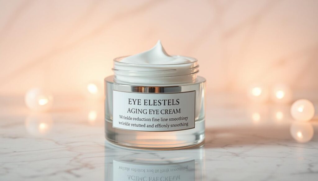A beautifully designed glass jar filled with a luxurious, creamy anti-aging eye cream rests on a reflective, marble-like surface. The jar's label features clean, sophisticated typography, highlighting the product's key benefits - wrinkle reduction and fine line smoothing. Warm, soft lighting casts a gentle glow, creating a sense of indulgence and efficacy. The composition is framed by a minimalist, neutral background, allowing the star product to shine. The overall aesthetic is elegant, spa-like, and conveys a feeling of advanced skincare technology capable of transforming the delicate eye area.