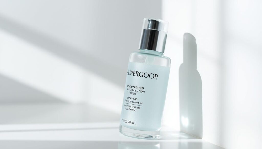A beautifully lit, close-up, detailed photograph of the SUPERGOOP Watery Lotion SPF 50 sunscreen product, shot at a slight angle to showcase its sleek, minimalist design and translucent glass bottle. The product is placed against a soft, diffused background, with gentle highlights accentuating the bottle's curves and the shimmering consistency of the sunscreen within. The lighting is natural and evocative, creating a sense of luminosity and quality. The overall mood is one of sophistication, purity, and efficacy, reflecting the premium nature of the SUPERGOOP brand and the specialized formulation of this facial sunscreen.