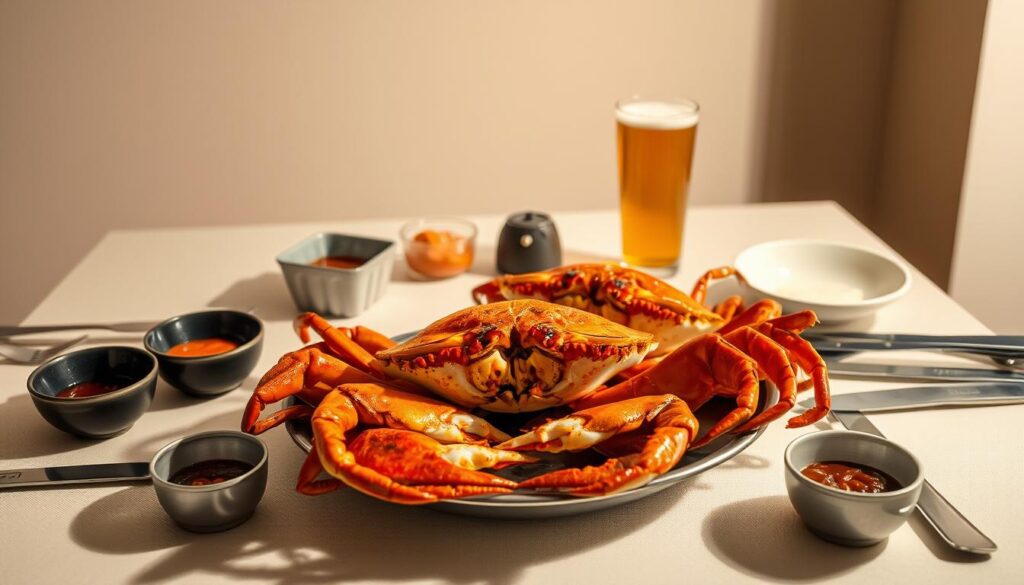 A beautifully lit dining table set with a platter of Singapore's iconic pepper crab dish, surrounded by essential utensils and condiments. The crab's cracked shells reveal its succulent meat, glistening with a rich, peppery sauce. A refreshing drink, perhaps a cold beer or a tropical cocktail, stands nearby, complementing the bold flavors. The scene is captured in a warm, inviting atmosphere, with soft lighting casting gentle shadows and highlighting the textures of the food and tableware. A clean, minimalist background allows the focus to remain on the crab and the dining experience.