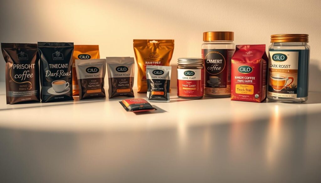 A beautifully lit, high-resolution close-up image of a selection of premium instant coffee sachets and jars. The products are arranged artfully on a clean, minimalist surface, with soft shadows and warm, inviting lighting. The foreground features several varieties of instant coffee, including dark roast, medium roast, and flavored options, all displayed with their packaging visible. The middle ground showcases a few individual sachets or jars, allowing the viewer to appreciate the textures and details of the products. The background is slightly blurred, creating a sense of depth and focus on the main subject. The overall mood is one of quality, sophistication, and the promise of a delightful coffee experience. A beautifully lit, high-resolution close-up image of a selection of premium instant coffee sachets and jars. The products are arranged artfully on a clean, minimalist surface, with soft shadows and warm, inviting lighting. The foreground features several varieties of instant coffee, including dark roast, medium roast, and flavored options, all displayed with their packaging visible. The middle ground showcases a few individual sachets or jars, allowing the viewer to appreciate the textures and details of the products. The background is slightly blurred, creating a sense of depth and focus on the main subject. The overall mood is one of quality, sophistication, and the promise of a delightful coffee experience.