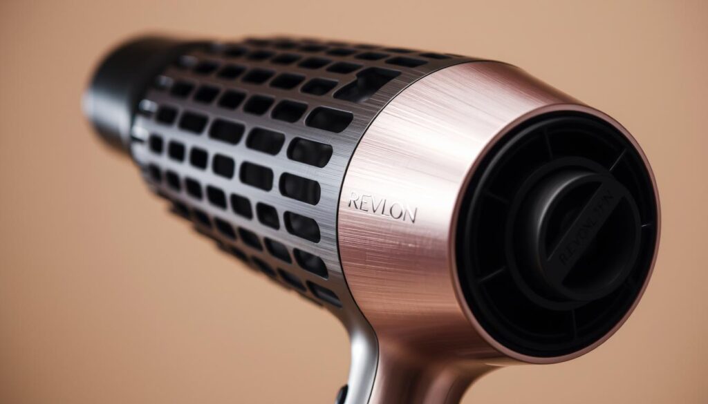 A beautifully lit, high-resolution close-up photograph of a Revlon Pro Collection brush hair dryer. The dryer is positioned in the center of the frame, with a soft, diffused lighting illuminating it from the side. The details of the brushed metal housing, the vents, and the rotating air concentrator nozzle are captured with precision. The background is a neutral, slightly blurred studio setting, allowing the dryer to be the focal point. The image conveys a sense of quality, functionality, and ease of use, perfectly showcasing the Revlon Pro Collection brush dryer.