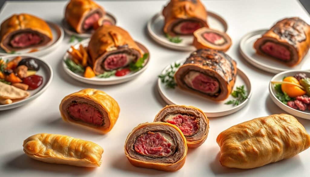 A beautifully lit, high-resolution image of a selection of beef wellingtons laid out on a pristine white table. In the foreground, three delicate slices showcasing the golden puff pastry and the vibrant red interior. In the middle ground, a whole beef wellington, sliced in half, revealing its tender, juicy center. In the background, additional whole beef wellingtons in various stages of preparation, with garnishes and accompaniments such as roasted vegetables, sauces, and herbs. The lighting is warm and inviting, casting subtle shadows and highlighting the textures and colors of the dishes. The overall composition is balanced and visually appealing, inviting the viewer to explore the nuances of this classic dish.