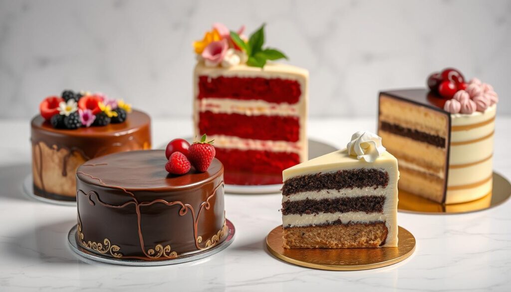 A beautifully lit, high-resolution image of an assortment of signature cakes from Singapore's top patisseries. In the foreground, an elegant three-tier chocolate cake with intricate gold leaf detailing, garnished with fresh berries. Beside it, a decadent red velvet cake with cream cheese frosting, topped with edible flowers. In the middle ground, a delicate, multi-layered mango mousse cake with a glistening glaze, accompanied by a slice of luscious earl grey tea cake. The background features a minimalist white marble countertop, allowing the vibrant colors and textures of the cakes to take center stage. The lighting is soft and flattering, creating a warm, inviting atmosphere that showcases the artistry and craftsmanship of these renowned Singaporean desserts.