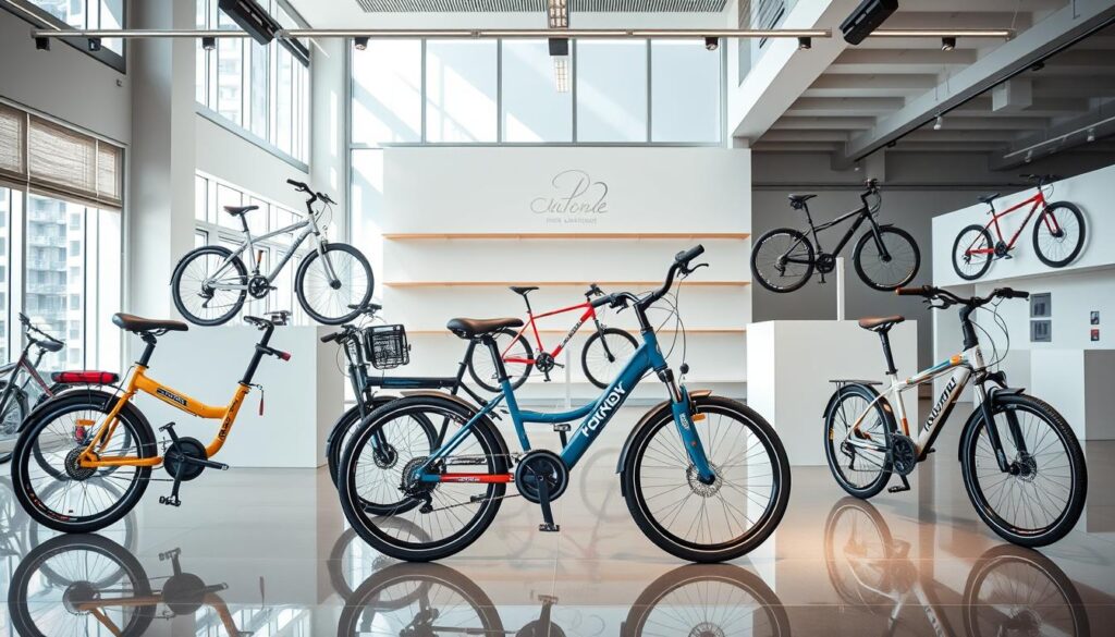 A beautifully lit, high-resolution image of the top 10 folding bikes prominently displayed in a modern, well-lit showroom in Singapore. The bikes are arranged in a visually appealing, symmetrical layout, showcasing their sleek designs and various colors. The foreground features the bikes in crisp detail, with reflections on the glossy surfaces. The middle ground includes minimalist display stands and shelving, while the background depicts a clean, airy space with large windows allowing natural light to flood the scene, creating a bright, welcoming atmosphere. The overall mood is one of sophistication, highlighting the high-quality, innovative nature of these top-tier folding bike models.