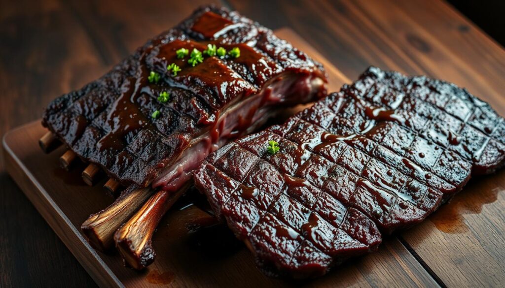 A beautifully lit studio shot of succulent beef short ribs and a juicy beef brisket, meticulously arranged on a rustic wooden table. The meat glistens with a rich, caramelized crust, complemented by a garnish of fresh herbs and a drizzle of savory sauce. The scene exudes an air of rustic elegance, inviting the viewer to imagine the tender, flavorful experience of enjoying these alternative beef cuts. The lighting is soft and warm, casting gentle shadows that accentuate the texture and form of the meats. The overall composition is visually striking, highlighting the unique qualities of these lesser-known but equally delectable beef options. A beautifully lit studio shot of succulent beef short ribs and a juicy beef brisket, meticulously arranged on a rustic wooden table. The meat glistens with a rich, caramelized crust, complemented by a garnish of fresh herbs and a drizzle of savory sauce. The scene exudes an air of rustic elegance, inviting the viewer to imagine the tender, flavorful experience of enjoying these alternative beef cuts. The lighting is soft and warm, casting gentle shadows that accentuate the texture and form of the meats. The overall composition is visually striking, highlighting the unique qualities of these lesser-known but equally delectable beef options.