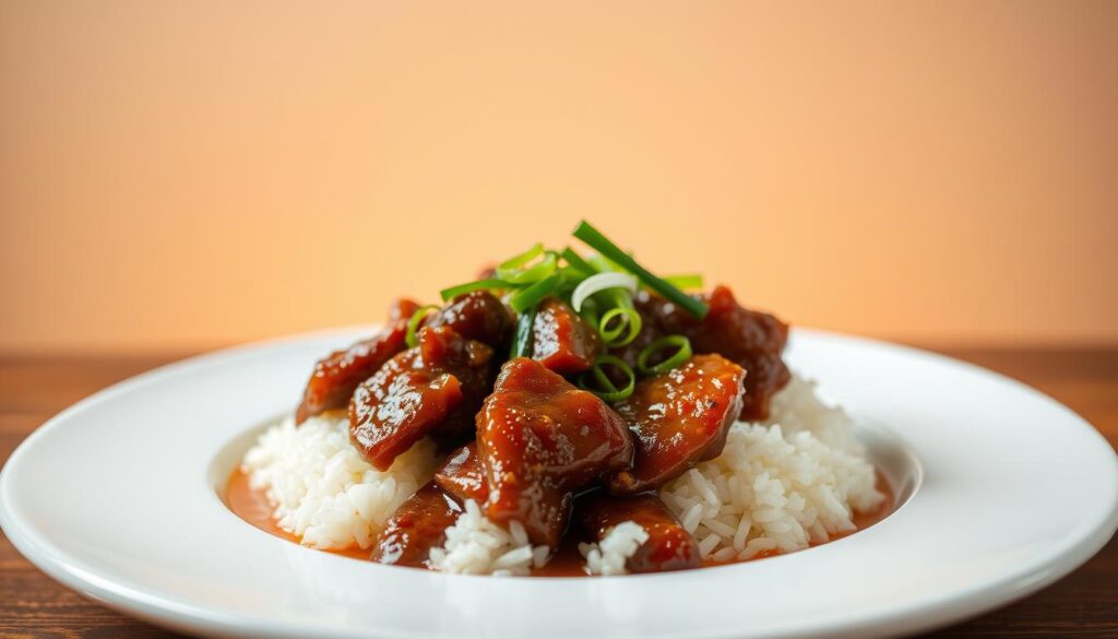 A beautifully plated classic braised duck rice dish, with tender, melt-in-your-mouth duck meat glistening in a rich, aromatic soy-based sauce. The rice is perfectly cooked, fluffy and fragrant, serving as a delectable base for the savory duck. Garnished with thinly sliced green onions, providing a refreshing contrast. The scene is set against a simple, minimalist backdrop, allowing the star of the dish to shine. Soft, warm lighting casts a inviting glow, creating an atmosphere of comfort and nostalgia. The overall presentation is elegant and mouthwatering, capturing the essence of a quintessential Singaporean comfort food classic.