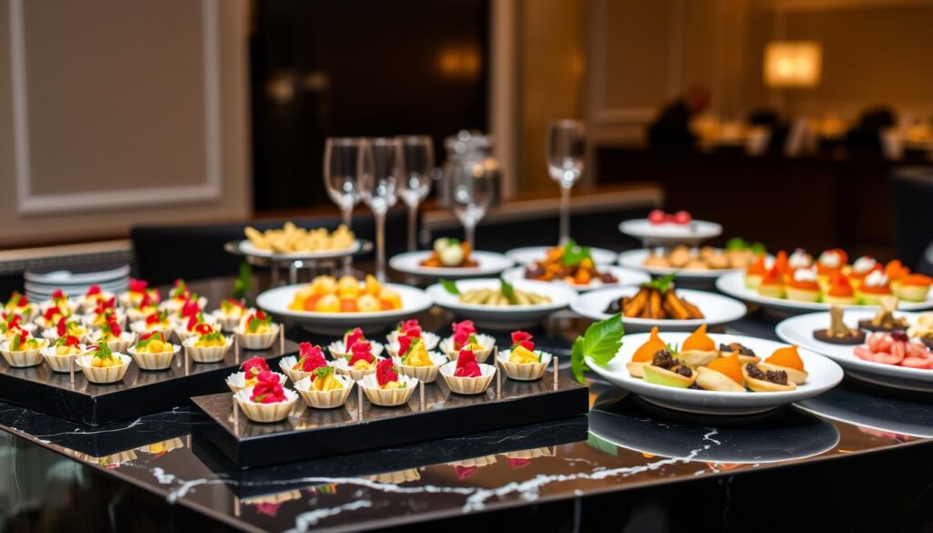 A beautifully presented award-winning catering display on a sleek black marble table. In the foreground, an elegant arrangement of delicate finger foods, each meticulously crafted with vibrant colors and intricate garnishes. The middle ground showcases a selection of artfully plated main dishes, their flavors expertly balanced. In the background, a backdrop of understated luxury, with soft, dramatic lighting casting a warm, inviting glow. The composition is a harmonious blend of textures, shapes, and flavors, showcasing the catering team's culinary expertise and attention to detail. This image captures the essence of Rasel Catering's award-winning excellence.