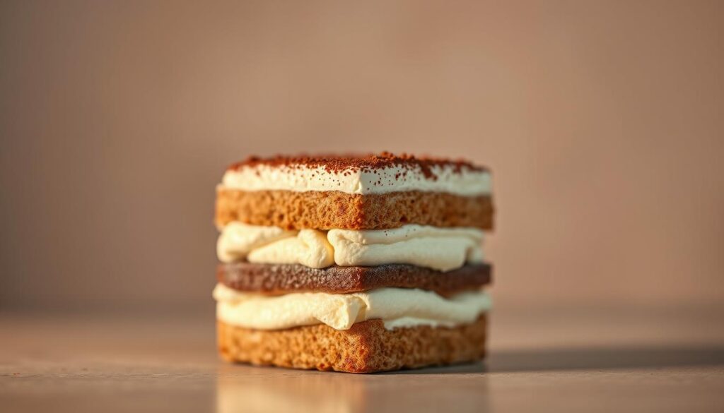 A beautifully presented tiramisu dessert, its layers of espresso-soaked ladyfingers and rich mascarpone cream glistening under soft, warm lighting. The composition is elegantly balanced, with the dessert placed slightly off-center against a backdrop of subtle, neutral tones that allow the tiramisu to take center stage. The texture of the creamy filling and the delicate dusting of cocoa powder on top are rendered in exquisite detail, inviting the viewer to imagine the indulgent flavors and velvety mouthfeel. This is a sumptuous, premium tiramisu that would be the centerpiece of any refined cafe or patisserie, perfectly capturing the essence of the best tiramisu cakes Singapore has to offer. A beautifully presented tiramisu dessert, its layers of espresso-soaked ladyfingers and rich mascarpone cream glistening under soft, warm lighting. The composition is elegantly balanced, with the dessert placed slightly off-center against a backdrop of subtle, neutral tones that allow the tiramisu to take center stage. The texture of the creamy filling and the delicate dusting of cocoa powder on top are rendered in exquisite detail, inviting the viewer to imagine the indulgent flavors and velvety mouthfeel. This is a sumptuous, premium tiramisu that would be the centerpiece of any refined cafe or patisserie, perfectly capturing the essence of the best tiramisu cakes Singapore has to offer.