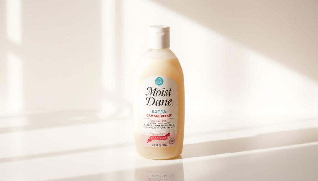A bottle of Moist Diane Extra Damage Repair shampoo sits on a minimalist white background, reflecting the budget-friendly nature of the product. The label is prominently displayed, showcasing the brand name and product details in a clean, elegant design. Warm, natural lighting illuminates the bottle, creating a soft, inviting atmosphere. The shampoo itself appears creamy and nourishing, hinting at its restorative properties for damaged hair. The overall composition emphasizes the simplicity and accessibility of this budget-friendly haircare solution.