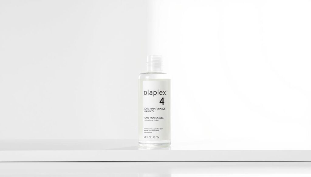 A bottle of Olaplex No.4 Bond Maintenance Shampoo, shot in a bright and minimalist studio setting. The bottle is positioned on a sleek white surface, capturing the product's elegant design and highlighting its translucent glass container. Soft, diffused lighting from above creates a subtle glow, emphasizing the shampoo's clarity and transparency. The background is a simple, seamless white backdrop, allowing the product to take center stage. The overall composition is clean, modern, and visually appealing, perfectly showcasing the Olaplex shampoo as the industry-leading bond repair treatment for chemically treated hair.