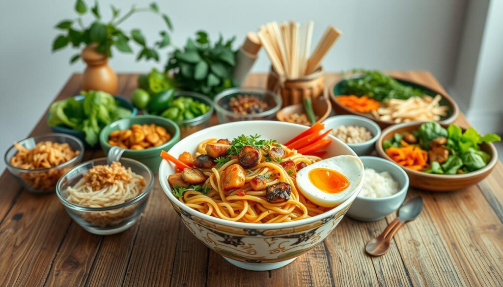 A bountiful assortment of freshly prepared instant noodle dishes, meticulously arranged on a rustic wooden table. The foreground showcases a steaming bowl of noodles, enhanced with vibrant vegetables, succulent protein, and a perfectly cooked egg, reflecting the endless possibilities for elevating this classic convenience food. In the middle ground, a variety of toppings and garnishes, from crisp fried shallots to fragrant herbs, invite the viewer to customize and personalize their noodle experience. The background features an airy, natural-lit setting, with a simple, minimalist aesthetic that allows the noodly creations to take center stage. The overall scene conveys a sense of culinary creativity, elevating the humble instant noodle to new heights of deliciousness.