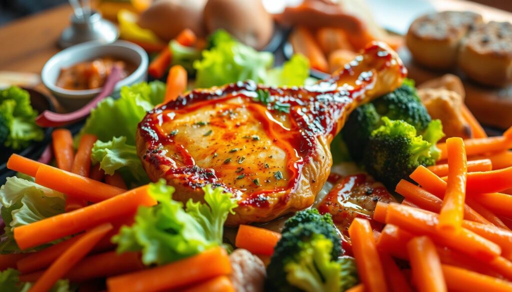 A bountiful halal western food spread, featuring a juicy, golden-brown chicken chop as the centerpiece. Surrounded by a selection of fresh, colorful vegetables like crisp lettuce, vibrant carrots, and tender broccoli florets. Garnished with a drizzle of savory sauce and a sprinkle of aromatic herbs. The scene is bathed in warm, natural lighting, captured from an elevated angle to showcase the dish's appetizing presentation. The overall atmosphere is inviting and appetizing, setting the stage for a delightful halal-certified dining experience.