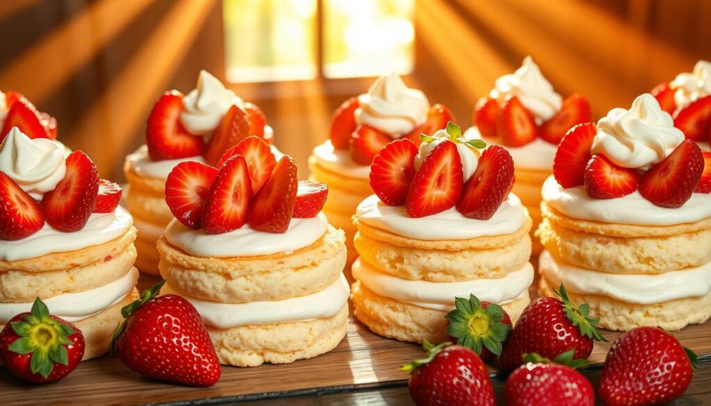 A bountiful selection of delectable strawberry shortcakes arranged artfully on a rustic wooden table. The cakes feature tender, fluffy sponge layers, crowned with vibrant crimson strawberry slices and a generous dollop of luscious whipped cream. Rays of warm, golden light filter through a window, casting a soft, inviting glow over the scene. The cakes are presented alongside freshly picked strawberries, their glossy surfaces reflecting the natural illumination. The overall composition conveys a sense of homely comfort and indulgence, perfect for showcasing the best strawberry cakes Singapore has to offer.