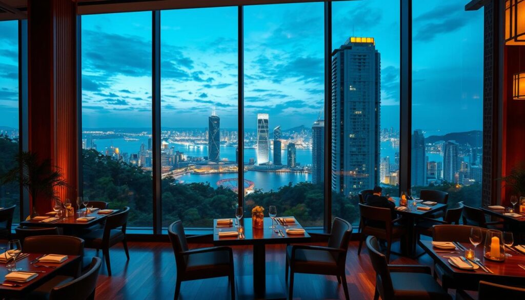A breathtaking cityscape with towering skyscrapers and lush greenery overlooking a serene harbor. In the foreground, a modern Asian restaurant with floor-to-ceiling windows offering an unobstructed view of the glittering skyline. The interior is bathed in warm, ambient lighting, creating a cozy and inviting atmosphere. Elegant wooden furnishings and contemporary decor complement the panoramic vistas, while discreet, attentive staff attend to the diners' needs. The mood is one of refined sophistication and tranquility, allowing patrons to savor the delectable Asian cuisine while immersed in the captivating panorama.