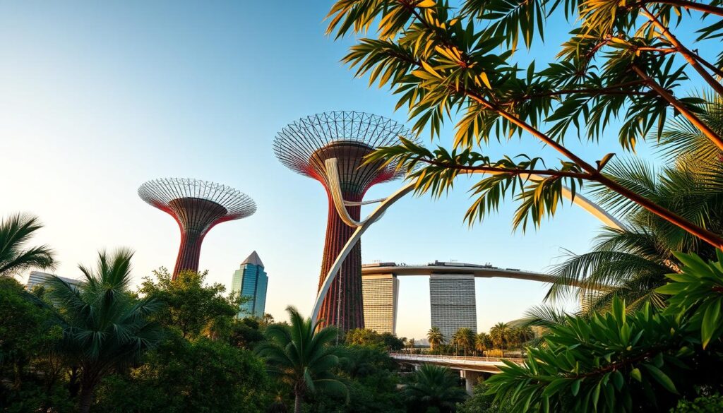 A breathtaking panoramic view of the Gardens by the Bay in Singapore, with the iconic OCBC Skyway as the central focus. The towering Supertree structures rise majestically in the middle ground, their organic shapes and vibrant greenery contrasting against the clear blue sky. In the foreground, lush tropical foliage frames the scene, drawing the eye towards the graceful arching bridge that connects the Supertrees, offering visitors a unique elevated perspective of the gardens. Warm, golden-hour lighting bathes the entire landscape, creating a serene and awe-inspiring atmosphere. The image captures the essence of this stunning Singapore landmark, showcasing its architectural wonder and the natural beauty that surrounds it.