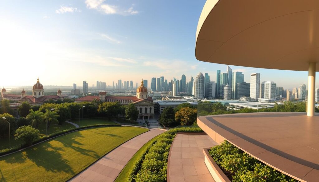 A breathtaking panoramic view of the Ng Teng Fong Roof Garden atop the National Gallery in Singapore. The lush greenery of the garden is illuminated by warm afternoon sunlight, casting long shadows on the elegant stone pathways. In the foreground, a sleek modern pavilion with sweeping glass walls offers a serene vantage point to take in the stunning cityscape beyond. The midground features the iconic copper-clad domes of the historic Supreme Court and City Hall buildings, while the distant skyscrapers of the Central Business District rise majestically on the horizon, creating an awe-inspiring contrast between old and new. The scene is imbued with a sense of tranquility and timelessness, inviting visitors to pause, appreciate the breathtaking views, and connect with the rich history and vibrant culture of Singapore.