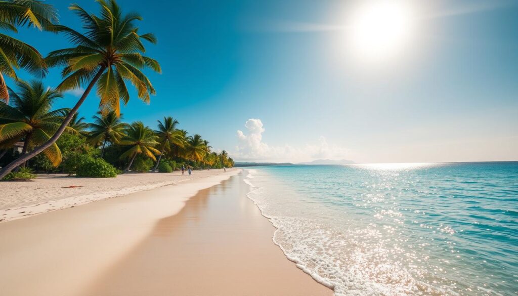 A breathtaking tropical paradise, Rawa Island's pristine white sand beach stretches along the crystal-clear, turquoise waters of the South China Sea. The sun casts a warm, golden glow, illuminating the tranquil scene. Lush, swaying palm trees line the shore, providing a verdant contrast to the serene, azure ocean. Gentle waves lap at the shoreline, their soothing rhythm inviting visitors to relax and unwind. Capture the essence of this idyllic island retreat, where the sky seamlessly meets the sea, creating a picture-perfect landscape that embodies the ultimate in beach vacation bliss.