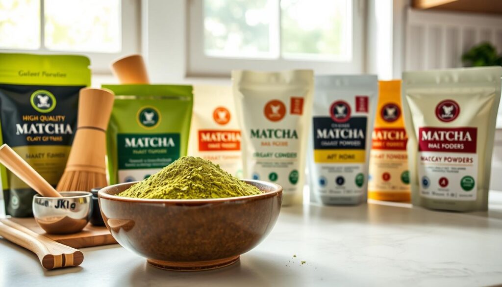 A bright, airy kitchen counter showcases an assortment of high-quality matcha powder options, each in their distinctive packaging. In the foreground, a ceramic bowl filled with the vibrant green powder stands out, surrounded by various bamboo utensils and a traditional Japanese tea whisk. In the middle ground, several sealed pouches and tins of matcha are displayed, their labels highlighting their origin, grade, and cultivation methods. The background features a large window, allowing natural daylight to flood the scene and accentuate the vivid colors. The overall mood is one of thoughtful consideration, inviting the viewer to carefully examine the different matcha options and make an informed choice for their personal preferences and needs.