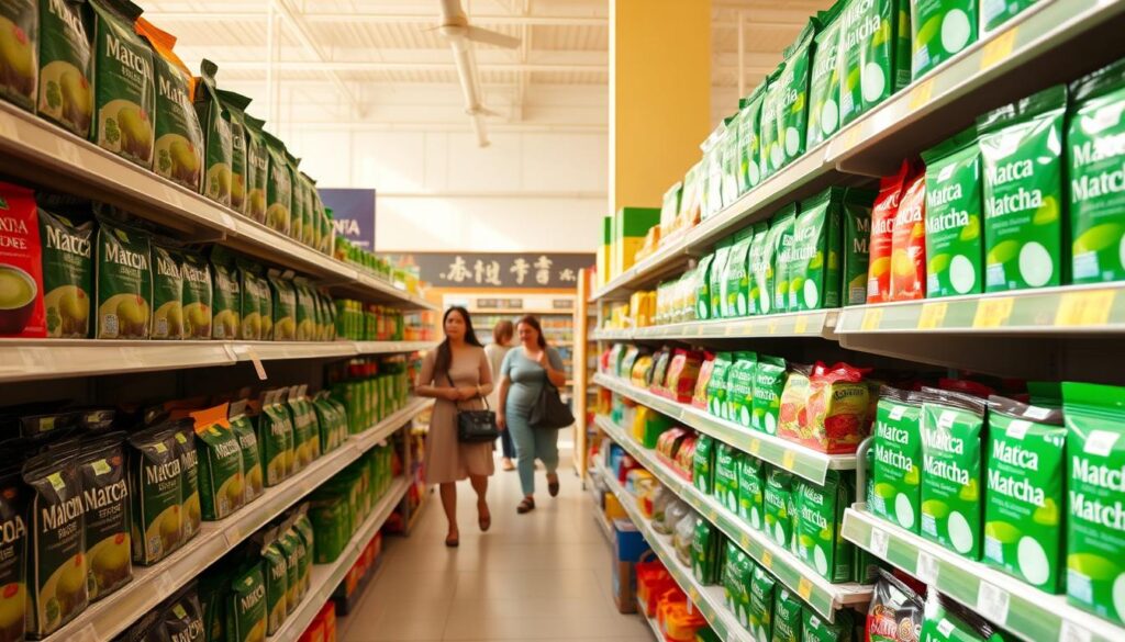 A bright, airy supermarket aisle featuring a variety of affordable matcha powder options from various brands, neatly arranged on clean, well-stocked shelves. The lighting is warm and natural, casting a soft glow on the vibrant green powder packages. The products are displayed at eye level, inviting the viewer to explore the selection. In the background, a few shoppers casually browse the shelves, creating a sense of everyday accessibility. The overall atmosphere is one of quality, value, and convenience, reflecting the section's theme of "Supermarket Finds: Affordable Options".