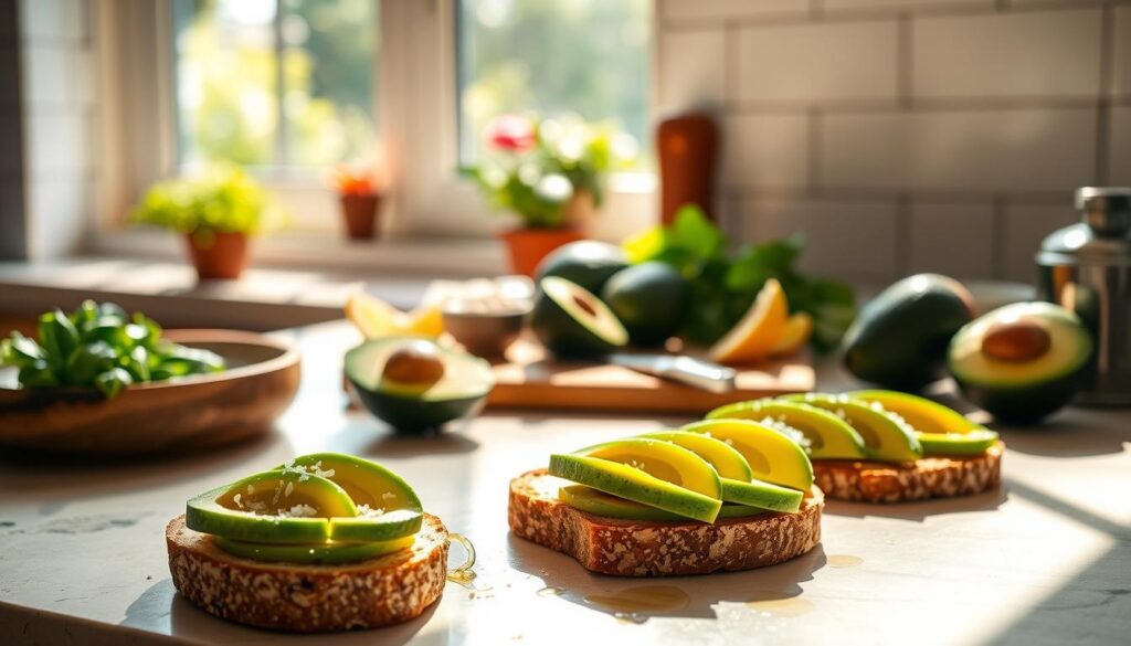 A bright and inviting kitchen counter, sun-dappled and showcasing an array of fresh ingredients. In the foreground, artfully arranged avocado toast, with crusty sourdough bread, vibrant green avocado slices, a drizzle of olive oil, and a sprinkle of sea salt. The middle ground features a cutting board with a knife, ripe avocados, and lemon wedges, while the background reveals a window overlooking a lush, verdant garden. The lighting is warm and natural, casting a soft, golden glow over the scene, evoking a sense of homemade comfort and culinary delight.