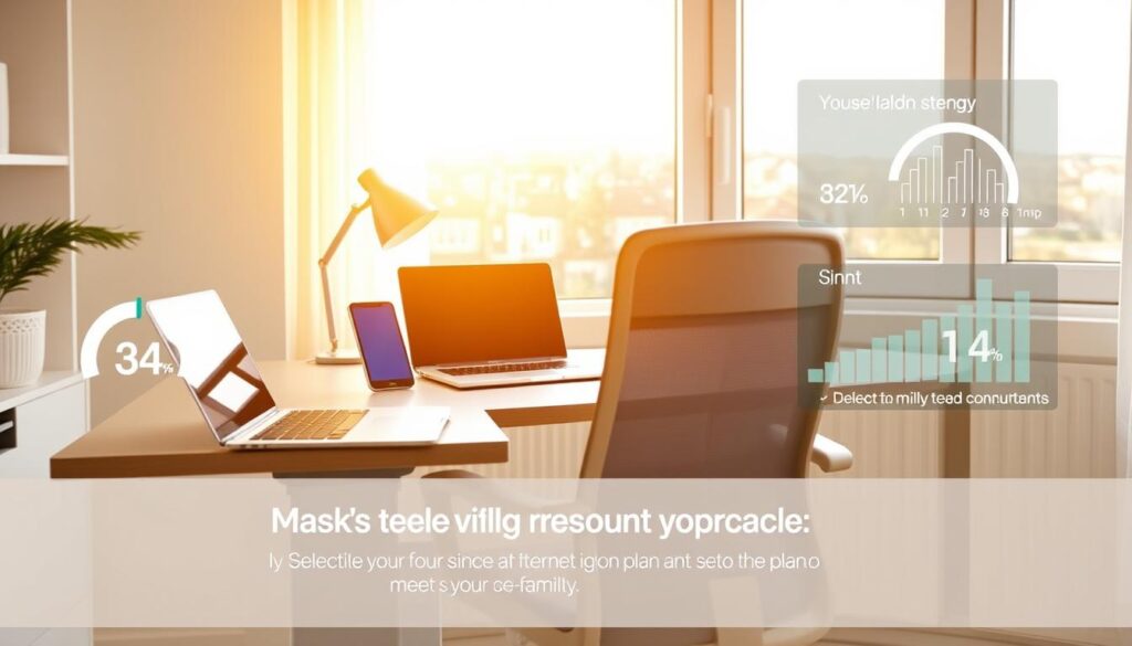 A bright, modern home office interior with a sleek desk and ergonomic chair. On the desk, a laptop, smartphone, and tablet are arranged neatly, depicting various online activity and internet usage. The room is bathed in warm, natural light from a large window, casting a cozy, productive atmosphere. Subtle infographic elements, such as digital signal strength indicators and data usage graphs, are seamlessly integrated into the scene, providing a visual assessment of household internet consumption. The overall composition conveys a sense of balance, efficiency, and the importance of selecting the right fibre broadband plan to meet the family's connectivity needs.