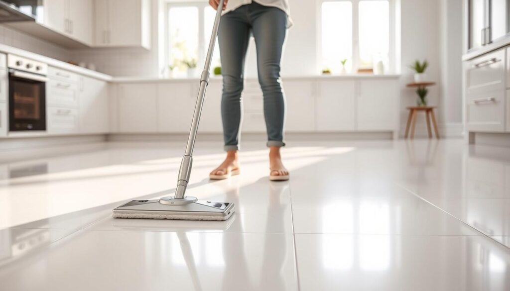A bright, modern kitchen interior with clean, white tile floors. In the foreground, a person in casual clothing is using a sleek, silver spray mop to effortlessly glide across the floor, leaving a glistening, streak-free surface. The mop head is designed with a fine mist sprayer, evenly distributing a mild cleaning solution. Soft, natural lighting filters in from large windows, creating a sense of warmth and cleanliness. The background reveals minimalist cabinetry and countertops, creating a pared-down, efficient aesthetic. The overall scene conveys efficiency, simplicity, and a satisfying, quick floor cleaning experience.