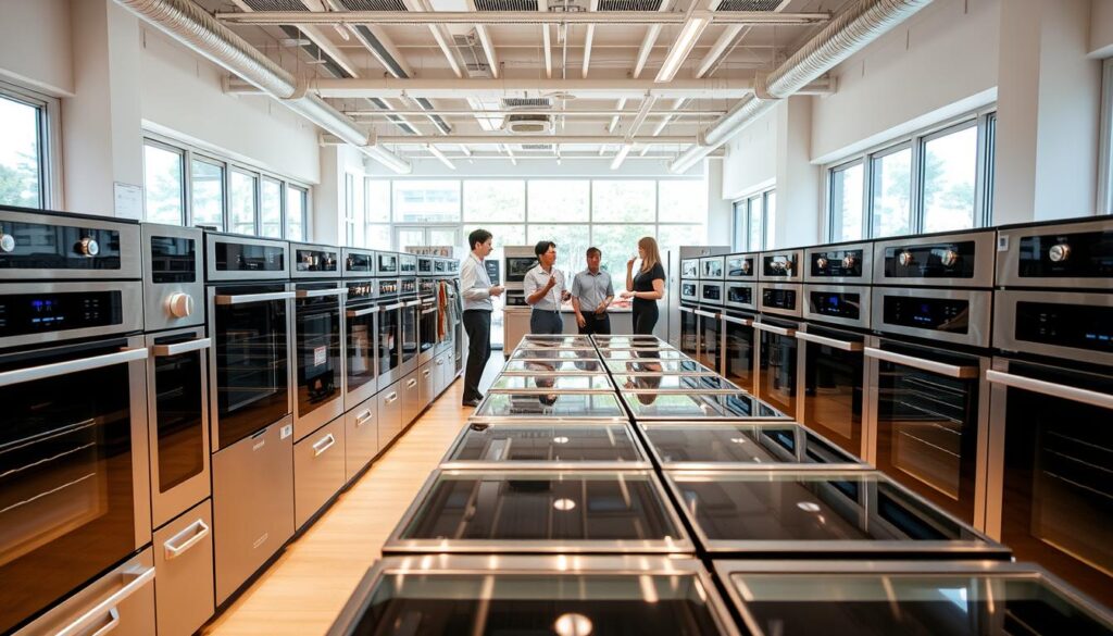 A bright, well-lit retail showroom showcasing a variety of premium ovens. In the foreground, an array of sleek, stainless steel ovens with modern control panels and glass doors are neatly displayed. The middle ground features sales associates assisting customers, gesturing towards the ovens and discussing their features. In the background, the showroom is flanked by large windows, allowing natural light to flood the space and create a warm, inviting atmosphere. The overall scene conveys a sense of high-end, professional shopping experience for those seeking the best oven options Singapore has to offer. A bright, well-lit retail showroom showcasing a variety of premium ovens. In the foreground, an array of sleek, stainless steel ovens with modern control panels and glass doors are neatly displayed. The middle ground features sales associates assisting customers, gesturing towards the ovens and discussing their features. In the background, the showroom is flanked by large windows, allowing natural light to flood the space and create a warm, inviting atmosphere. The overall scene conveys a sense of high-end, professional shopping experience for those seeking the best oven options Singapore has to offer.
