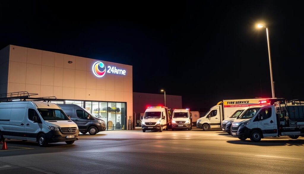 A brightly lit 24-hour tyre assistance service center, with a modern, well-equipped workshop in the foreground. In the middle ground, a fleet of service vans and tow trucks ready to respond to emergencies. The background features a sleek, minimalist building with the company's logo prominently displayed, bathed in warm, inviting lighting. The overall scene conveys a sense of professionalism, efficiency, and reliable round-the-clock support for all your tyre-related needs.