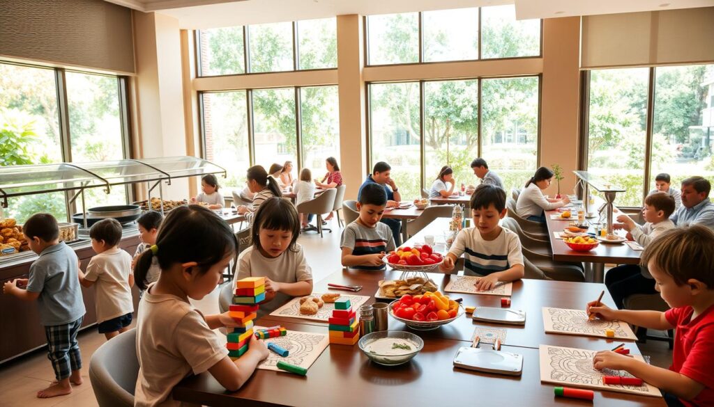 A brightly lit breakfast buffet in a modern, airy dining hall. In the foreground, a group of children engaged in various playful activities - some building miniature towers with colorful wooden blocks, others coloring in intricate patterns on paper placemats, and a few enjoying fresh fruit and pastries from the buffet. In the middle ground, families sitting at tables, chatting and savoring their meals. The background features large windows overlooking a lush, verdant outdoor garden, creating a calm and inviting atmosphere. The scene is bathed in warm, natural lighting, capturing the joy and energy of a family-friendly breakfast experience.