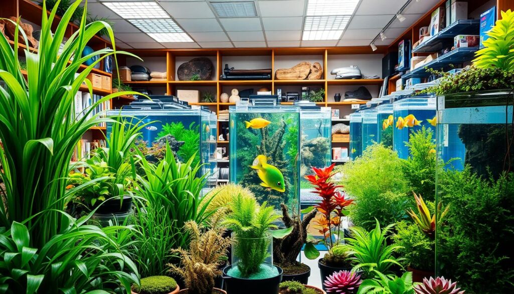A brightly lit interior of an aquarium specialty store, showcasing an abundance of lush, vibrant aquatic plants arranged in meticulously designed displays. The foreground features a variety of potted plants, including vivid green stems, cascading leafy fronds, and delicate aquatic mosses, all expertly arranged to create a captivating underwater landscape. In the middle ground, there are tall, cylindrical glass tanks filled with crystal-clear water, housing diverse species of tropical fish swimming gracefully. The background is adorned with shelves stocked with an assortment of aquarium accessories, such as decorative rocks, driftwood, and state-of-the-art filtration systems, all bathed in warm, natural lighting that reflects off the water's surface. The overall atmosphere exudes a sense of tranquility and passion for the aquatic world.