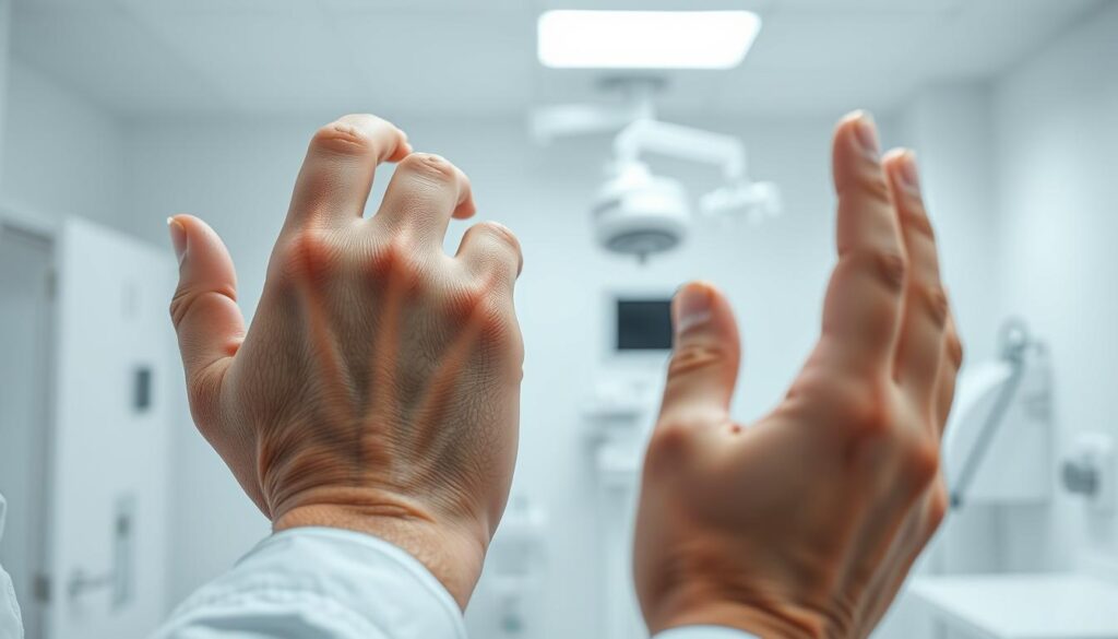 A brightly lit medical clinic interior, with clean white walls and modern medical equipment visible in the background. In the foreground, a doctor's hands examining a patient's skin, highlighting various common skin conditions such as rashes, acne, eczema, and psoriasis. The lighting is soft and diffused, creating a professional and clinical atmosphere. The composition focuses on the doctor's hands and the patient's skin, emphasizing the diagnostic process and the expertise required to treat these common skin issues.