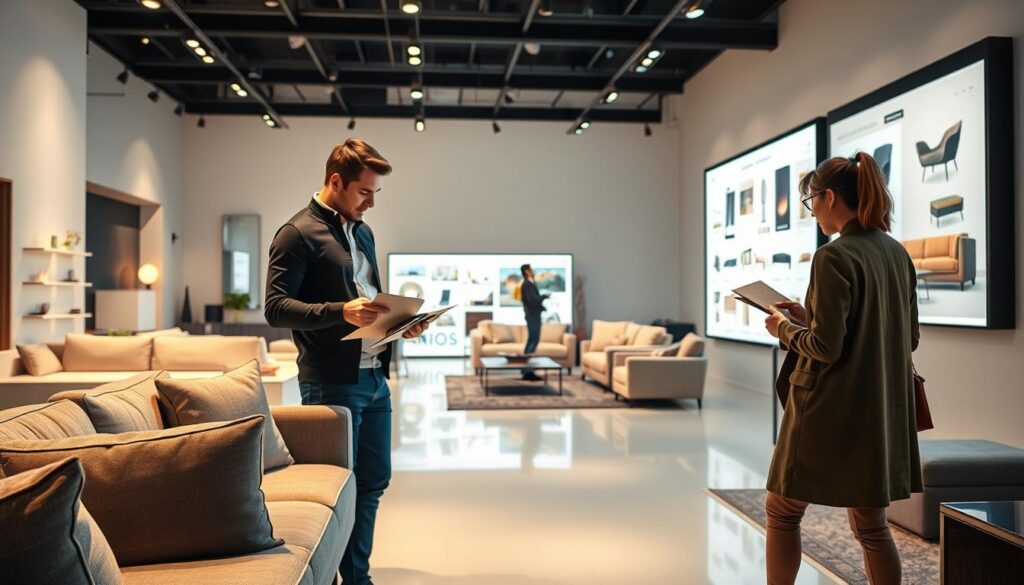 A brightly lit showroom with sleek, modern furniture showcased in a pristine, minimalist setting. In the foreground, a person examines a stylish sofa, meticulously evaluating its craftsmanship and comfort. In the middle ground, another customer compares fabric swatches, considering the perfect color and texture for their living room. The background reveals a digital display, showcasing an online shopping interface with a diverse array of furniture options, inviting the viewer to explore the convenience of remote purchasing. Warm, directional lighting highlights the textures and contours of the physical products, while the digital display emanates a soft, ambient glow, creating a sense of contrast and comparison between the in-person and online shopping experiences.